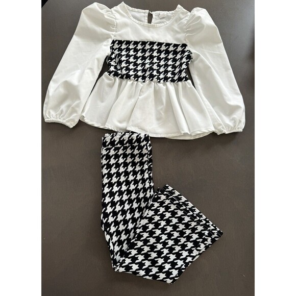 Girl's houndstooth print puff sleeves peplum top flare legs pants set size 4T - Picture 1 of 13